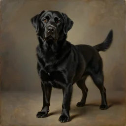 an old black labrador dog in baroque style oil painting. detailed. hq.