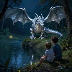 a silver dragon and a boy sitting together next to a lake watching firefly, night, forest
