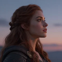 fantasy heroine detailed looking heroically at the sky at dusk, profile, in the style of Milica Čeliković and James Daly, artstation, digital art, detailed face
