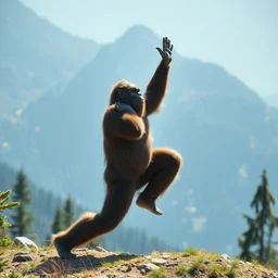 bigfoot doing yoga outdoors in the mountains. photo, sharp focus, 8 k.