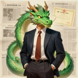 anthropomorphic art of a businessman dragon, green dragon, portrait, 1 9 8 0 s business fashion, victo ngai, ryohei hase, artstation. fractal papers, newspaper. stock certificate, highly detailed digital painting, smooth, global illumination, fantasy art, jc leyendecker
