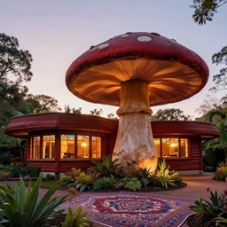 award winning exterior of a frank lloyd wright house shaped like a mushroom made entirely of redwood during sunset with soft lamp light, lots of plants and stained glass ceilings and persian rugs