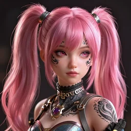 An octane 3d render of a girl with pink pigtails, and face tattoos, 8d, HD, hyper detailed, intricate details, photorealistic, dynamic lighting, stunning visuals, creative, trending on art station,