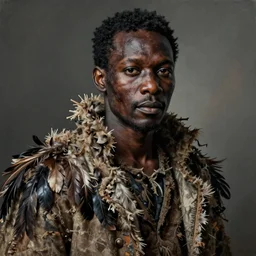 portrait painting of a scarred african american man with cropped hair wearing a tattered and feathered coat, ultra realistic, concept art, intricate details, eerie, highly detailed, photorealistic, octane render, 8 k, unreal engine. art by artgerm and greg rutkowski and charlie bowater and magali villeneuve and alphonse mucha