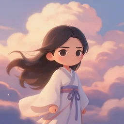 brilliant professional chibi inspired character design. flowing robes. dreamland wonderland haughty stubborn friendly moody shy modest princess character portrait. close - up key visual. turbulent wind, eyes, portrait, close - up, cute pleasing palette, undulating nebulous sunset rays clouds adorable, idyllic cumulonimbus matte painting detailed pastel from fantasia ( 1 9 4 1 )