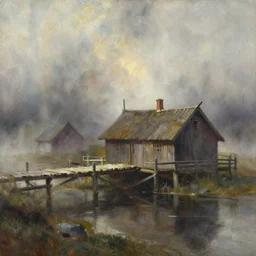 paint brush strokes, abstract watercolor painting of rustic village, jetty house, viking age, fog, ambient lighting, art by hans dahl, by jesper ejsing, art by anders zorn, wonderful masterpiece by greg rutkowski, cinematic light, american romanticism by greg manchess, creation by tyler edlin