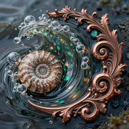art nouveau cresting oil slick waves, ammonite, bubbles in a shiny iridescent oil slick wave, black opals, ornate copper patina spiral ornament, rococo, organic rippling spirals, hyperdetailed photorealistic ultrasharp octane render
