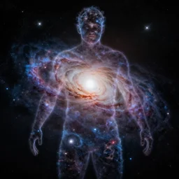 a realistic photo of a human made of galaxies taken by james webb