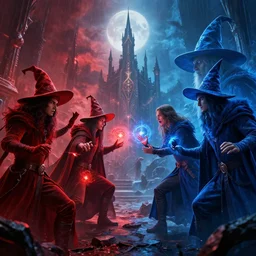 a mind - blowing, epic movie poster, depicting a war between red and blue fantasy style wizards, wearing wizard hats, magic, cinematic, dnd, high quality