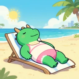 a dragon in a bathing suit sunbathing on a miami beach, cartoon