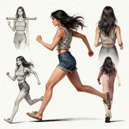 samara weaving running cycle, character sheet, fine details, concept design, contrast, kim jung gi, greg rutkowski, trending on artstation, 8 k, full body, turnaround, front view, back view, ultra wide angle