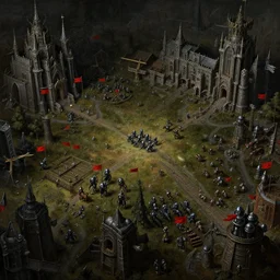 Starcraft gameplay in style of Hieronymus Bosch paintings, painting,    gameplay, high detailed, dark fantasy, dark tones, buildings, armored units, red flags, cavalry,RPG, high detailed, contrast, octane render,mill, farm, creative