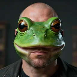 hyperrealistic mixed media image of info wars alex jones with ( ( bullfrog face mask ) ), stunning 3 d render inspired art by xiang duan and thomas eakes and greg rutkowski, perfect facial symmetry, hyper realistic texture, realistic, highly detailed attributes and atmosphere, dim volumetric cinematic lighting, 8 k octane detailed render, post - processing, masterpiece,
