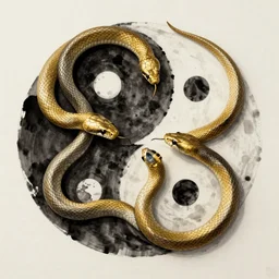 realistic scene of snakes as ying yang, golden, 1 4 5 0, ink, ultra realistic, 8 k
