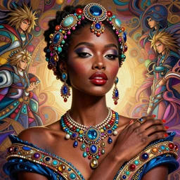 the portrait of the absurdly beautiful, graceful, elegant, gorgeous, fashionable black glamour model made with colorful jewelry, an ultrafine hyperdetailed photograph by irakli nadar, intricate linework, bright colors, octopath traveler, final fantasy, unreal engine highly rendered, global illumination, radiant light, intricate environment