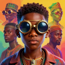 colourful vfx upper half - portrait - art of a nigerian boy wearing steam punk goggles, art by stanley artgem lau & tenmyouya hisashi, digital render, digital illustration, concept art, caricature, volumetric light, ray tracing, symmetrical, unreal engine, octane 3 d render, sharp, detailed, intricate detail, pinterest, behance, art station,