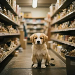 puppy kitten inside a japanese thrift store, cinematic light, warm colours, atmospheric, bokeh, 8 k photography