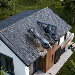 stunning modern house render with dirty roof, contrast, high octane render, roof cleaning add, shot on canon, 8 k, professional photography