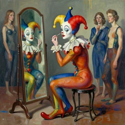portrait of a morphed harlequin sitting on a stool looking into a mirror putting on makeup by james jean and luc tuymans and beeple and hernan bas and pat steir and hilma af klint, psychological, dripping paint, high quality render, masterpiece