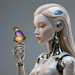 Mechanical female android looking at butterfly, cinematic lighting, intricate, elegant, super highly detailed, art station, concept art, smooth, sharp focus, no dof, extreme illustration, Unreal Engine 5, Photorealism, HD quality, 8k resolution, cinema 4d, 3D, beautiful, delicate, art by artgerm and greg rutkowski and alphonse mucha and loish and WLOP