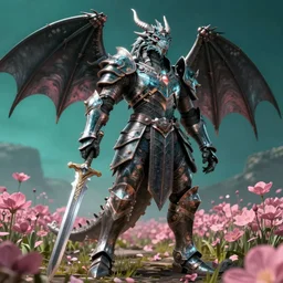 high quality 3 d neo - gothic armored human dragon hybrid with sword in a field of pink flowers, highly detailed unreal engine, vitaly bulgarov dramatic dark teal light, ground angle hd 8 k, sharp focus