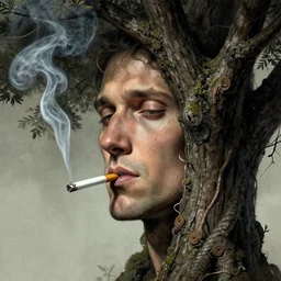 tree with a human face smoking a cigarette, high detail, fantasy illustration by angus mcbride