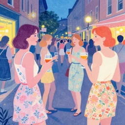 summer night, city street party, beautiful girls, very coherent and colorful high contrast art, art by simon stalenhag, floralpunk screen printing woodblock, pastel color, hard lightings