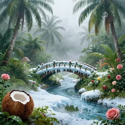 tropical island, ornate, beautiful, atmosphere, vibe, mist, coconuts, rain, wet, pristine, puddles, melting, dripping, snow, creek, lush, ice, bridge, forest, roses, flowers, by stanley artgerm lau, greg rutkowski, thomas kindkade, alphonse mucha, loish, norman rockwell