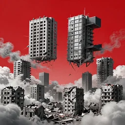 a poster featuring a ruined city with a bright red sky in the background. many buildings are seen suspended in the air, surrounded by sharp detailed clouds of smoke in the distance. two people silhouettes are standing on the rubble in the foreground. poster art by satoshi kon, featured on pixiv, underground comix, official anime key visual