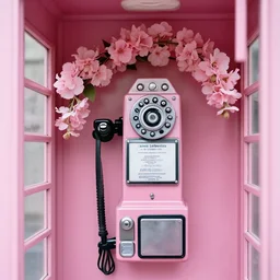 photorealistic inside a soft pink telephone booth, soft soft pink pay phone with pink flowers blooming, closeup, 8 5 mm lens, by annie leibovitz - lh 7 6 8