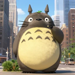 image of giant totoro in new york looking confused among skyscrapers