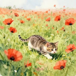snake - like kitten crawling through poppy field, impressionist watercolour study, watercolour landscape, watery watercolour