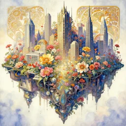 a beautifull intricate watercolour painting of a floating ciberpunk cityscape with many flowers, reflexions, verry high details by william turner art, greg rutkowski and alphonse mucha, trending on artstation, very very detailed, masterpiece, - h 7 0 4