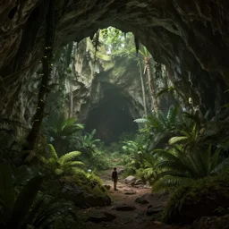 jungle cave, volumetric lighting, rtx on, washed out colors, an award winning digital render, beautiful, ultradetailed, great composition
