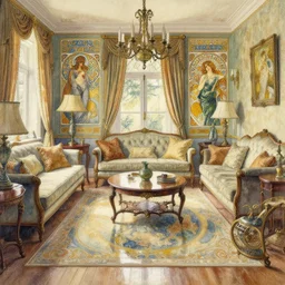 a beautifull intricate watercolour painting of a living room, reflexions, verry high details by william turner art, greg rutkowski and alphonse mucha, trending on artstation, very very detailed, masterpiece, muted colors