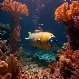 a beautiful up close view of an underwater deep sea submarine passing through an exotic tropical reef, underneath a star filled night sky, warm coloured, gigantic pillars and flowers, maschinen krieger, beeple, film, atmospheric perspective