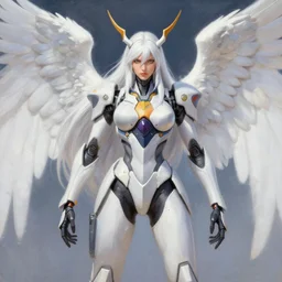 greg manchess painting of a 2 yorha type a no. 2 as mercy from overwatch!!, white long hair, large white wings, painting, trending on artstation, by huang guangjian and gil elvgren and sachin teng
