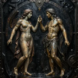 a striking esoteric painting of Adam and Eva in the rain, dark, metal, black background, occult, by Edward Leighton