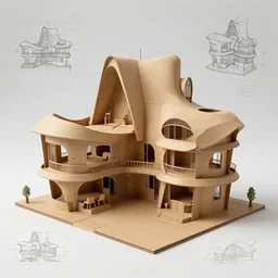 full page concept design and highly detailed blueprint of a cardboard mansion, Zaha Hadid style 8k hyperrealism