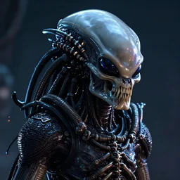 alien portrait, nightmare halloween horror, hyper realistic shiny textures 8 k, alien vs predator skull, cyberpunk, elongated head, intricate details, fluorescent glow, science fiction space horror, unreal engine, dark, heavy shading, depth of field