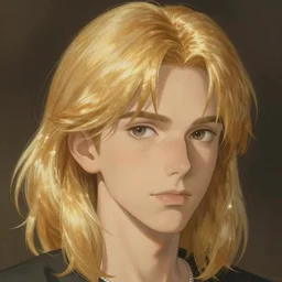 pretty young man with shoulder length shiny shimmering golden blond hair, path traced, highly detailed, high quality, digital painting, by studio ghibli and alphonse mucha, leesha hannigan, beautiful details, soft and warm
