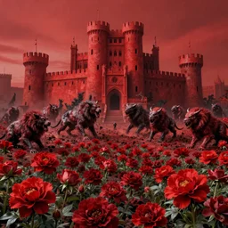 only with red, red flowers of different types, red castles in background, beset by horror beasts rising from the ground, in the style of beksinski, parts by edward hopper, parts by rodcenko, intricate and epic composition, red by caravaggio, highly detailed, masterpiece, red light, artstation, 4 k, photograph