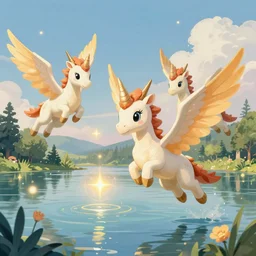 Three alicorns flying and making magic over a lake. Thomas Kinkade, trending on artstation