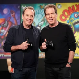 phil spencer, publicity photo still of jerry seinfeld touring with blink, phil spencer, x - box, games playground, cosmos, comix - art 4 k.
