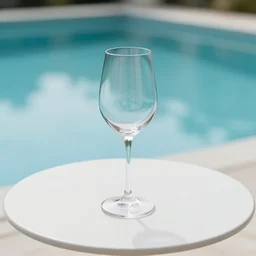 5 5 mm photo of tall wine glass on a zen minimalist round white table with gorgeous pool in the background. highly detailed 8 k. intricate. lifelike. soft light,