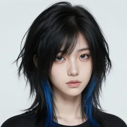 a pale emo girl with medium messy black hair, a blue streak, soft facial features, bangs covering one eye, wearing a beanie, 2 0 0 6