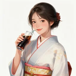 hyperdetailed portrait of a woman in a kimono happily holding a soda, digital painting, artstation hq, sharp foccus ilustration, artstation hq. intricate, elegant. wlop, artgerm, greg rutkowski, alphonse mucha, medium shot. dan mumford, tomokazu matsuyama, takato 4 yamamoto