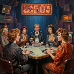 a photorealistic highly detailed painting of a vintage 1 9 5 0's game show by johfra bosschart, lisa frank, kinkade, visionary art, dark fantasy art, high detail, trending on artstation
