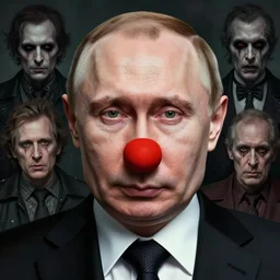 vladimir putin face is recognizable, vladimir putin is cryptkeeper from tales from the cryptkeeper, awe face, wearing red clown nose, toothless horror macabre face, by donato giancola and greg rutkowski and wayne barlow and zdzisław beksinski, realistic face, digital art