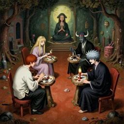 rock paper scissors battle between pagan and voodoo shinigamis. a surrealist interior mental landscape by hieronymus bosch, cyril rolando, esher and natalie shau, whimsical, profound, impossible. trending on devaintart